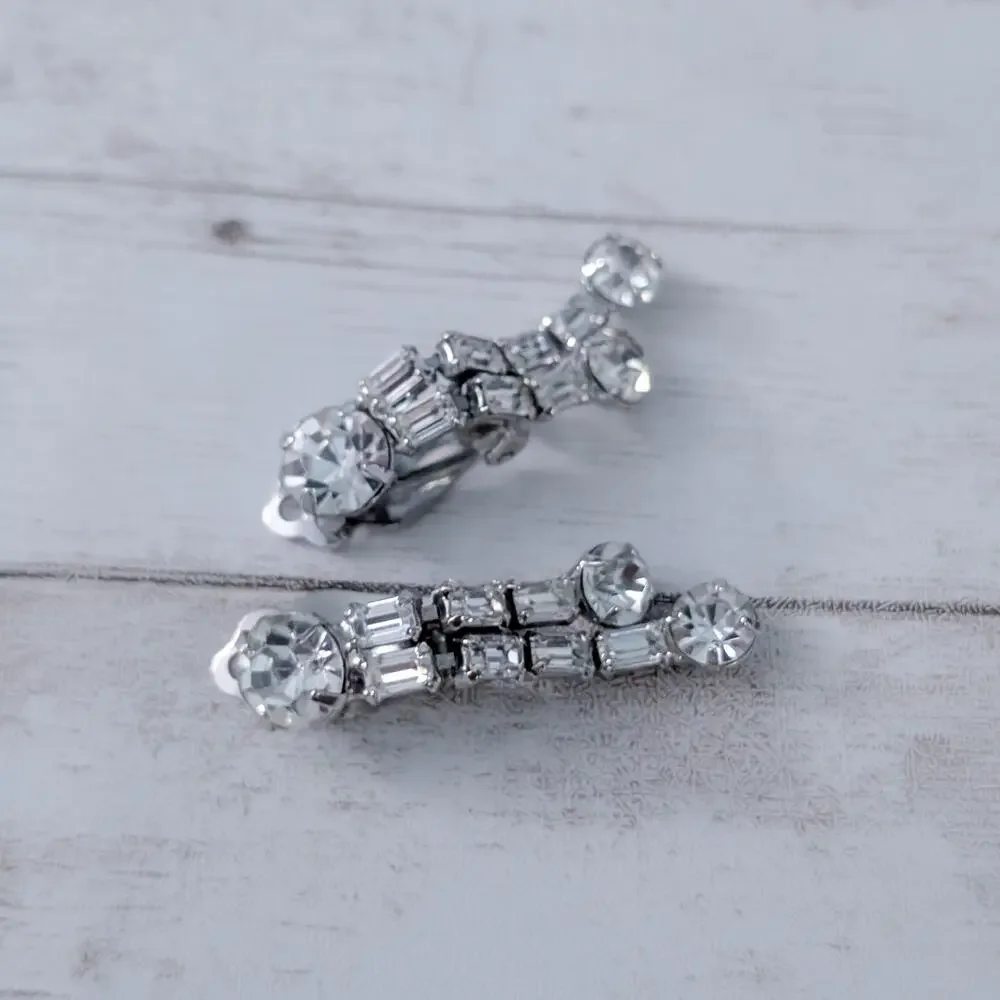 Vintage Clip On Earrings Clear Gem Dangle 1.5